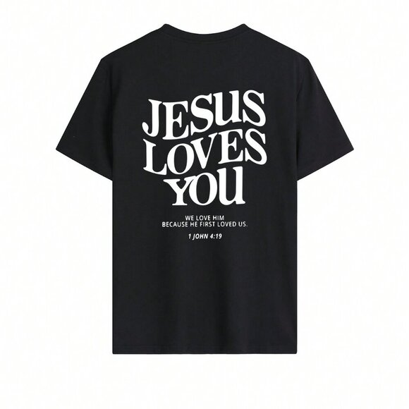 Black Casual Womens Jesus loves you Round Neck Short Sleeved Graphic tshirt - Picture 3 of 5